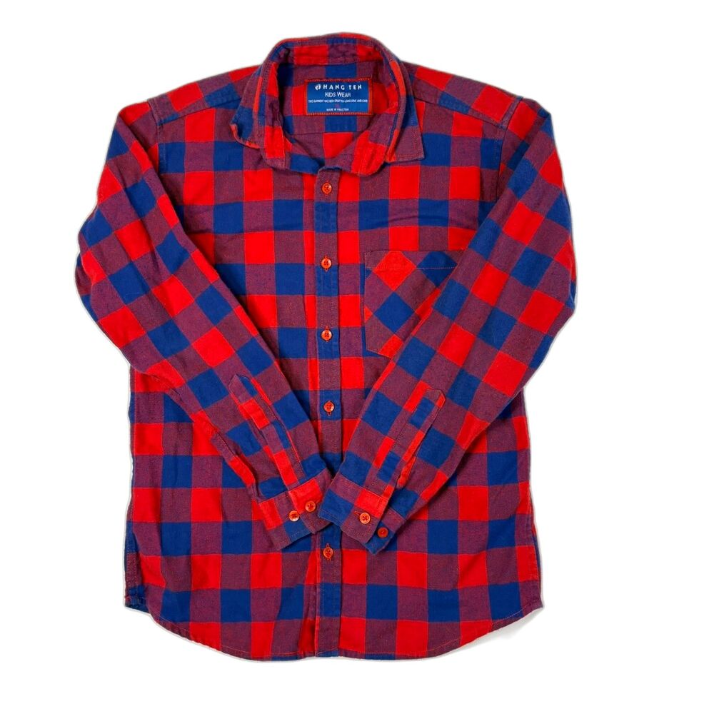 Hang Ten Kids Wear Size XL Red Blue Plaid Flannel Shirt Button Down Long Sleeve